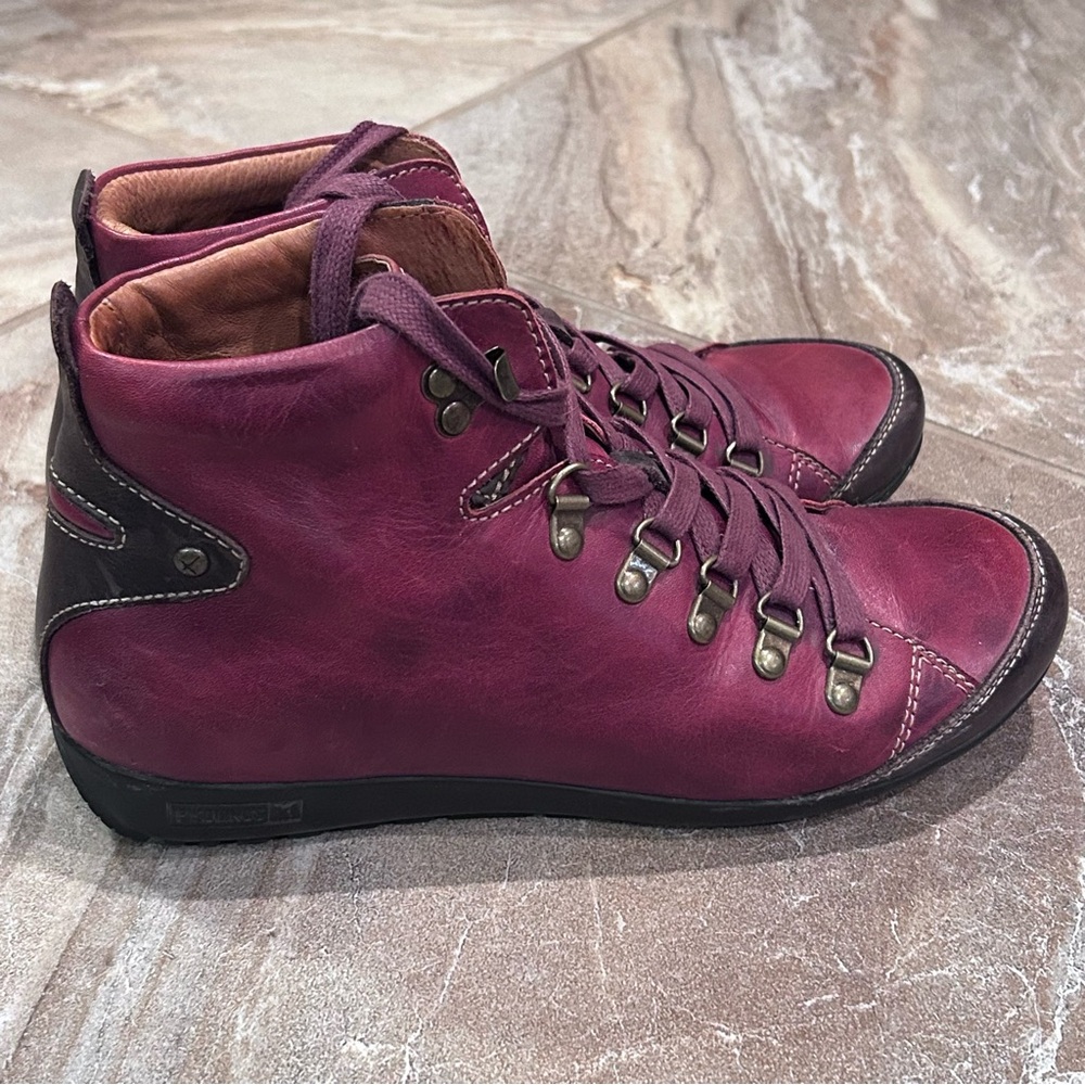 Women's Burgundy Leather Lace-Up Ankle Sneakers - Picture 3 of 14